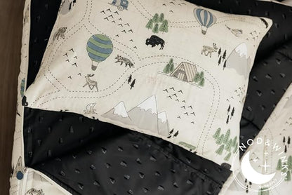 Beddy's Adventure & Wildlife Theme Durable Zipper Bedding for Kids, Bed in a Bag, Cream Comforter & Charcoal Sheets with Outdoor Explorer Design, Includes Pillowcase & Pillow Sham, Easy to Make & Wash