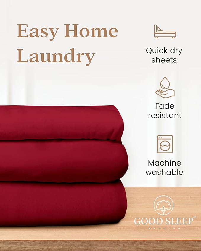 Good Sleep Bedding Egyptian Cotton - 4 Pc Cooling Bed Sheets, Solid Sateen Weave, Ultra Soft 16" Deep Pocket, Burgundy Queen Sheets Set