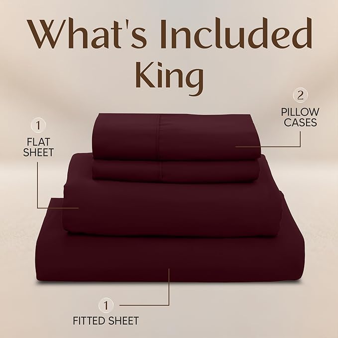 Utopia Bedding King Size Sheet Set – 4 Piece Bed Sheets, Soft and Breathable Microfiber, Includes 1 Fitted Sheet, 1 Flat Sheet and 2 Pillowcases – Oeko Tex (Burgundy)