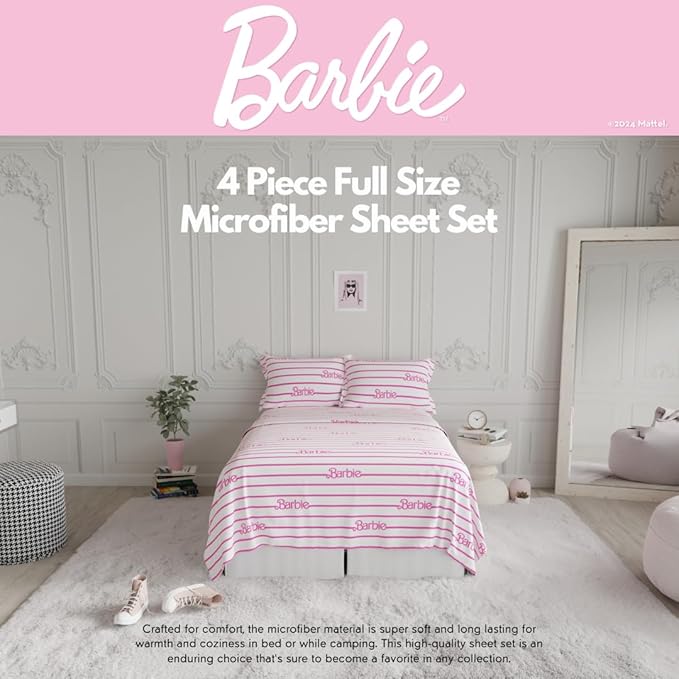 Collectibles Barbie Logo Bedding Super Soft Cozy Microfiber 4 Piece Full Sheet Set, (Officially Licensed Product) By Franco