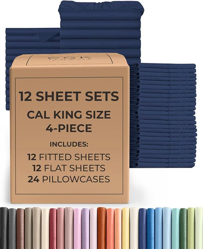 Bulk Case Pack of 12 Sheet Sets - (12) Complete Cal King Size Sheet Sets w/ Deep Pockets - Wholesale Bulk Bedding for Hotels, Spas & Airbnbs - Breathable, Soft & Wrinkle Free - (Cal King, Navy Blue)