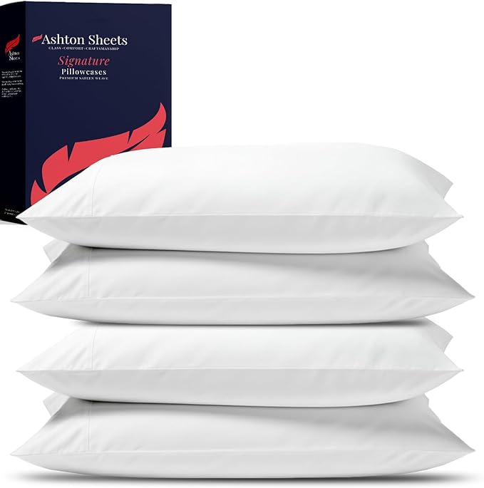 Ashton Sheets 100% Egyptian Cotton Pillow Cases Standard/Queen Size Set of 4 - Luxury 1200 Thread Count Sateen White Pillow Cases, Silky Soft Cotton Pillowcases Fits Standard & Queen Size Pillows