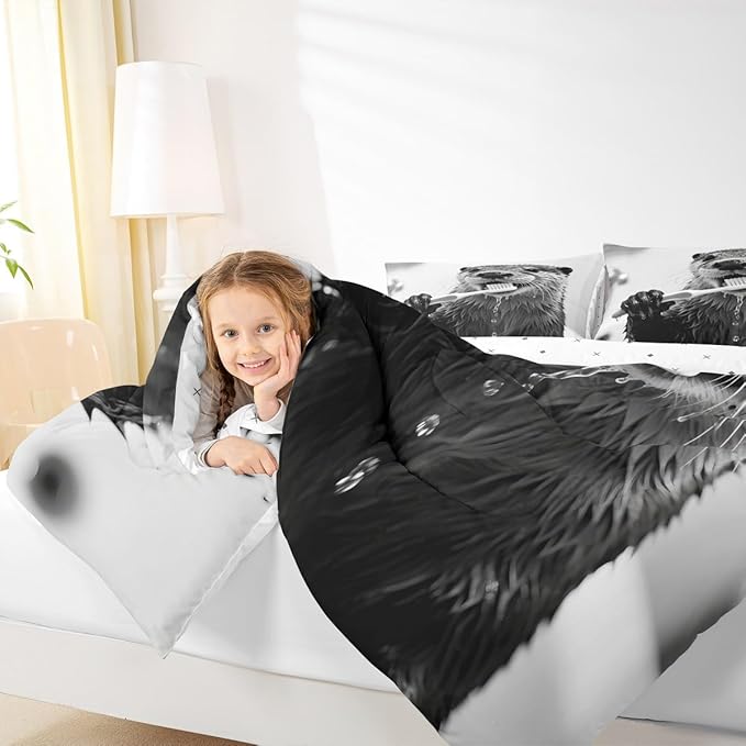 Erosebridal Sea Otter Bedding Set Queen Size Cute Animal Comforter Set for Kids Boys Girls Kawaii Marine Brush Teeth White Beige Grey Comforter Warm Soft Quilt Insert
