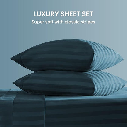 SLEEP ZONE Striped Cooling Sheets Set King Size - Fitted Flat Sheet & Pillowcase Sets 4 Piece - Super Soft Stripe Bed Sheet, Easy Care, Deep Pocket (Teal, King)
