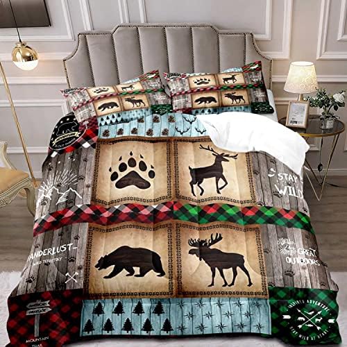 LUVIVIHOME 2PCS Rustic Farmhouse Cabin Comforter Set Twin Size, Bear Elk Moose Deer Bedding Sets, Forest Animal Wildlife Hunting Country Lodge Green Red Plaid Brown Patchwork Quilt, 1 Pillow Sham