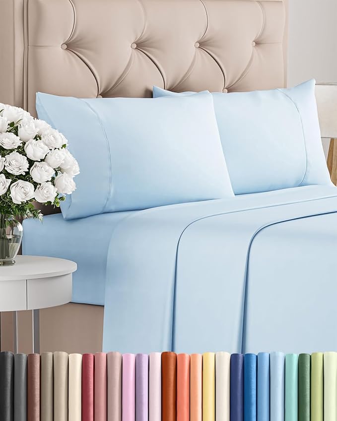 Twin XL 4 Piece Sheet Set - Comfy Breathable & Cooling - Ultra-Soft Hotel Luxury Bedding Set w/ 8-16 Inch Deep Pockets - 1 Flat & 1 Fitted Sheet & 2 Pillowcases - Wrinkle Free & Easy Care - Baby Blue