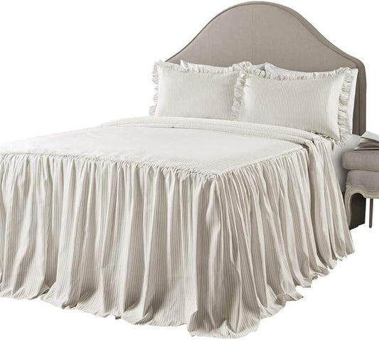 Lush Decor Ticking Stripe Bedspread Twin Size 2 Piece Set Wheat - Ruffle Bedding Set Twin Bedspreads - Kids Bedding - Farmhouse & Coquette Decor