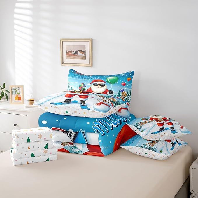 Castle Fairy Skiing Santa 7 Pieces Bedding Set Queen Bed in a Bag,Merry Christmas House Gifts Snowman Comforter Set,Farmhouse New Year Decor Soft Warm Microfiber Bedding