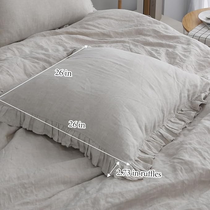 Simple&Opulence 100% Linen Euro Sham Covers with Ruffle, 26x26 Inch Pillow Covers Set of 2, Euro Pillow Shams for Bed Couch French Home Decor Luxury and Breathable Square Pillow Cases, Light Grey