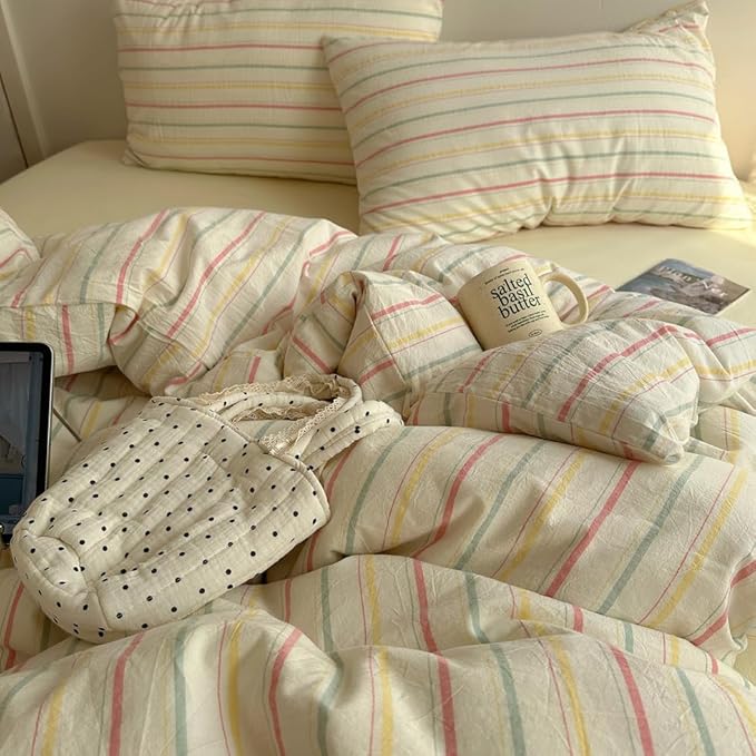EAVD Colorful Striped Duvet Cover Twin Soft 100% Cotton Vintage Pink Green Yellow Stripes Printed Bedding Set with 2 Pillowcases Retro Reversible Geometric Comforter Cover with Zipper Corner Ties