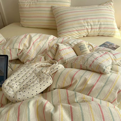 EAVD Colorful Striped Duvet Cover Twin Soft 100% Cotton Vintage Pink Green Yellow Stripes Printed Bedding Set with 2 Pillowcases Retro Reversible Geometric Comforter Cover with Zipper Corner Ties