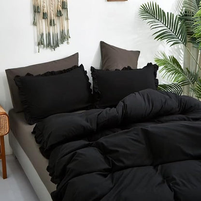 CLOTHKNOW Black Full Size Comforter Sets 3Pcs Ruffle Bedding Comforter Sets Soft Farmhouse Shabby Chic Comforters with 2 x Pillow Cases