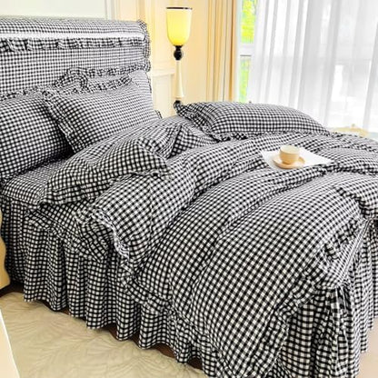 mixinni Vintage Black Gingham Ruffle Comforter Set 3-Piece Washed Cotton Queen Size Grid Bedding Set with Geometric Checkered Pattern, Farmhouse Chic Soft Fluffy Comforter for All-Season