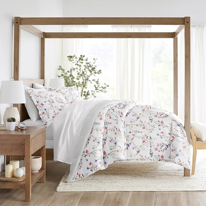 LINENS & HUTCH Comforter Set Patterned Microfiber All Season Down-Alternative Ultra Soft Bedding in Meadow Floral Stripe - King/Cal-King Meadow Floral Stripe Pink
