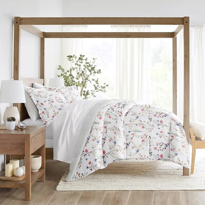 LINENS & HUTCH Comforter Set Patterned Microfiber All Season Down-Alternative Ultra Soft Bedding in Meadow Floral Stripe - King/Cal-King Meadow Floral Stripe Pink