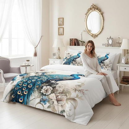 Teal Peacock Comforter Set Queen Size, Elegant Birds Flower Bedding Set for Women Girls, Watercolor Floral Decor Comforter, 3Pieces Ultar Soft Fluffy Quilt with 2 Pillowcases,90 * 90