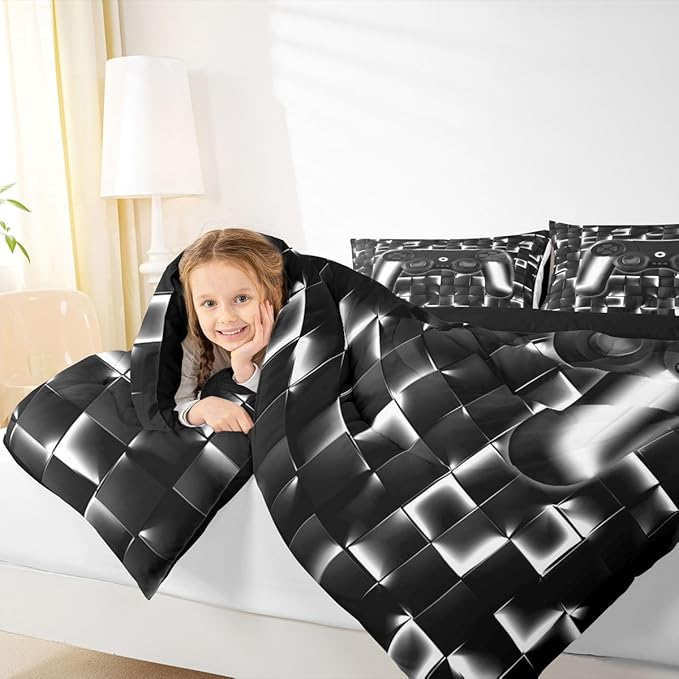 Erosebridal Video Game Full Boys Bedding Set Gamer Kids Comforter Geometric Gaming Bedding Comforter Teen Men Neon Lights Checkered Game Console Bed Set Black White Gradient Gamepad Quilt 3 Piece