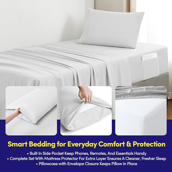 Twin Size Comforter Set Quilted Stripe Bedding Bundle – Comforter, Mattress Protector, Sheets with Pockets on the Side & Built-in Corner Strap – Fitted Sheet Media Pocket for Devices, Gray/Silver
