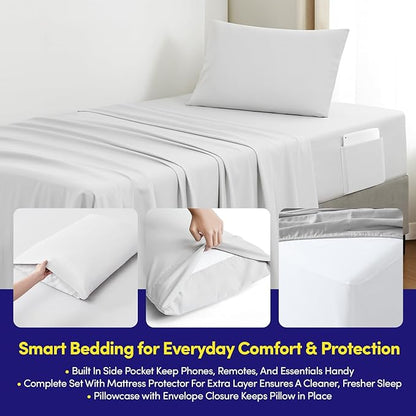 Twin Size Comforter Set Quilted Stripe Bedding Bundle – Comforter, Mattress Protector, Sheets with Pockets on the Side & Built-in Corner Strap – Fitted Sheet Media Pocket for Devices, Gray/Silver