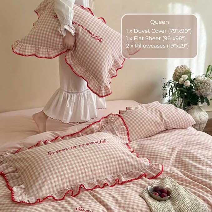 CRUSHIMO Morning Mist Gingham Washed Cotton Duvet Cover Set - Shabby Chic Gingham Plaid Bedding with Ruffle Trim & Triangle Stitching - Ultra Soft Breathable Comforter Cover (Blush Milk, Queen)