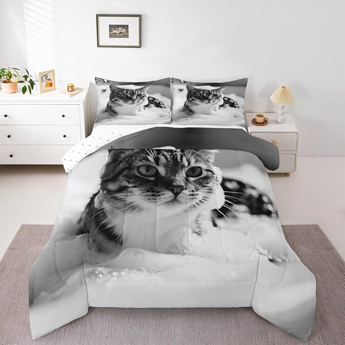 Erosebridal Cat Comforter Set Queen Size Cute Kitten Quilt Insert for Kids Men Women Kawaii Beard Animal White Grey Comforter Warm Soft Bedding Set