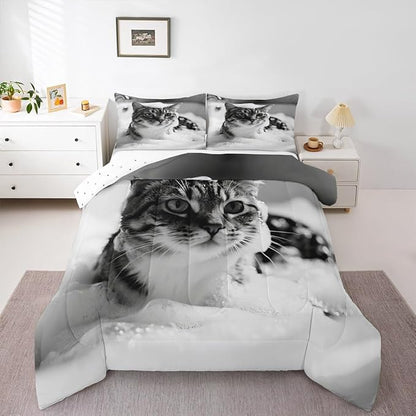 Erosebridal Cat Comforter Set King Size Cute Kitten Quilt Insert for Kids Men Women Kawaii Beard Animal White Grey Comforter Warm Soft Bedding Set