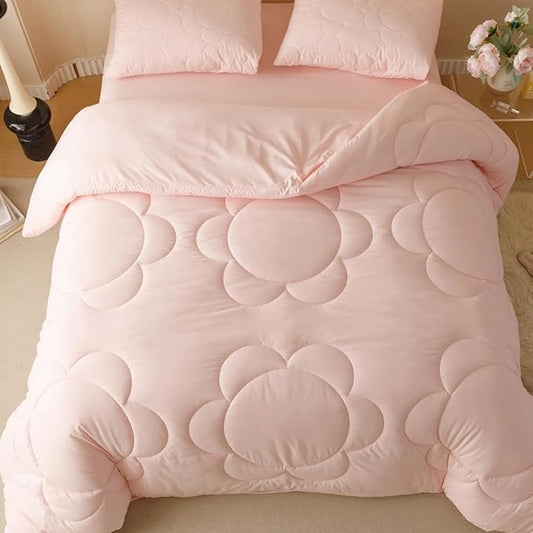 CLOTHKNOW Pink Blush Full Size Comforter Sets 3Pcs Daisy Puff Bedding Comforter Sets Soft Boho Comforter Pink Comforter with 2 x Pillow Cases