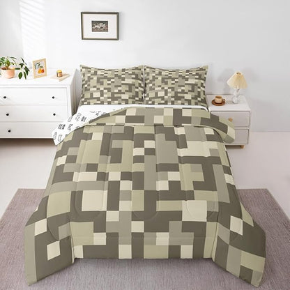 Pixelated Miners Blocks Kids Bedding Set King Size,Patchwork Square Video Games Comforter Set,Geometric Patchwork Grid Quilt Comforter,Light Gray Bedroom Duvet Insert,2 Pillowcases