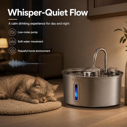 Luxury Smart Pet Fountain 2026 – 3.2L/108oz Stainless Steel Automatic Cat & Dog Water Fountain, Indoor Pet Water Dispenser with LED Light, Quiet Pump, Dual Flow Modes, 4-Layer Filter, Dishwasher Safe