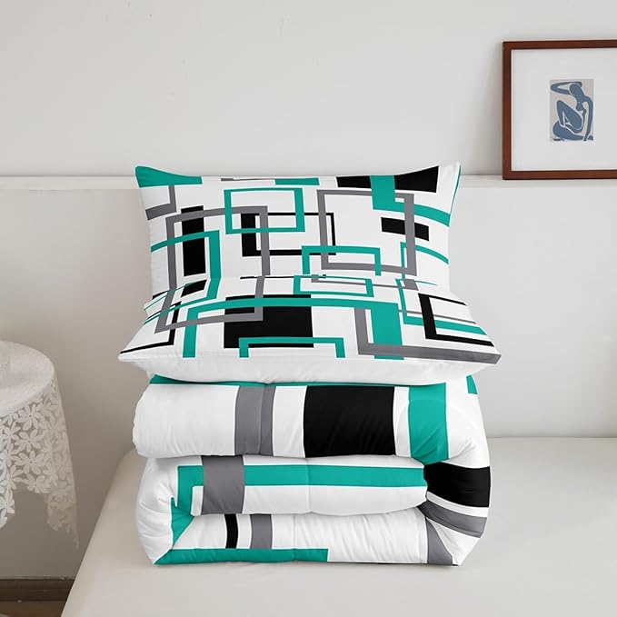 Erosebridal Square Comforter Set for Teens Youth,Black White Blue Bedding Set,Geometric Quilt Set Modern Bedroom Decor,Mid Century Grid Duvet Insert with 2 Pillowcases Lightweight Warm,Queen