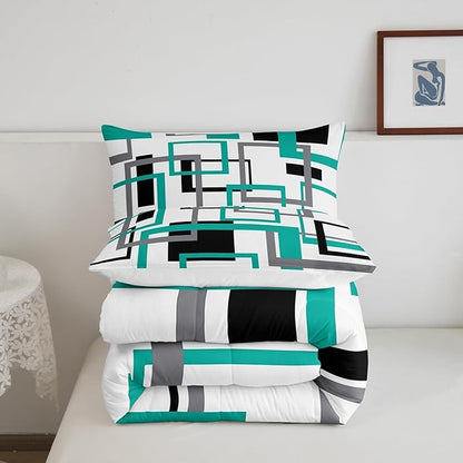 Erosebridal Square Comforter Set for Teens Youth,Black White Blue Bedding Set,Geometric Quilt Set Modern Bedroom Decor,Mid Century Grid Duvet Insert with 1 Pillowcase Lightweight Warm,Twin