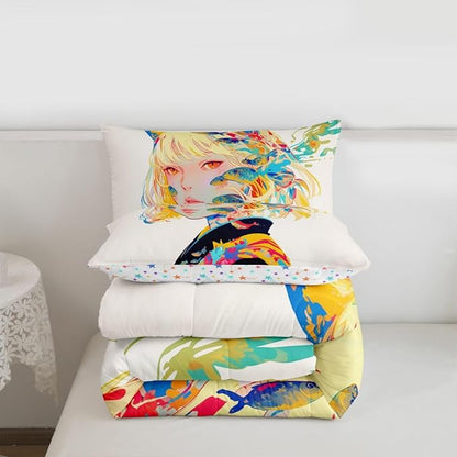 Japanese Anime Comforter Set 3D Cartoon Gifts Bedding for Girls Boys Kids Kawaii Room Decor, Anime Girl Design Bedding Comforter Sets Soft Lightweight Duvet Insert King with 2 Pillow Cases