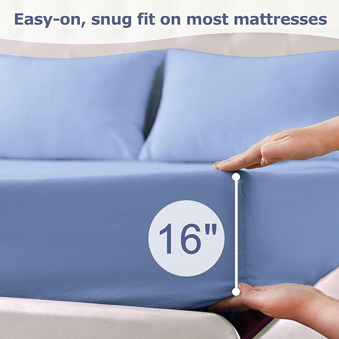 Queen Size Bed Sheet Set - 4 Piece Soft Microfiber Sheets with Deep Pockets, Cooling Technology, and Wrinkle-Free Pillowcase. Hotel-Quality, Durable Bedding, Chambray Blue