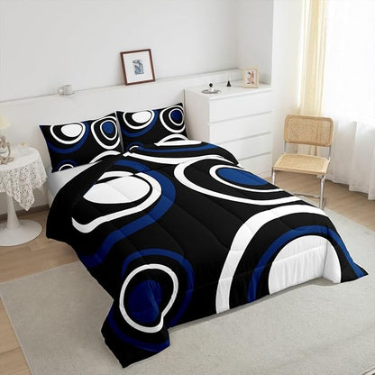 Erosebridal Black Blue Vortex Bedding Set Full Size Chic Geometric Abstract Mens Comforter Set for Adult Women Men Striped Aesthetic Circles Bed Sets Boho Modern Duvet Quilt Sets