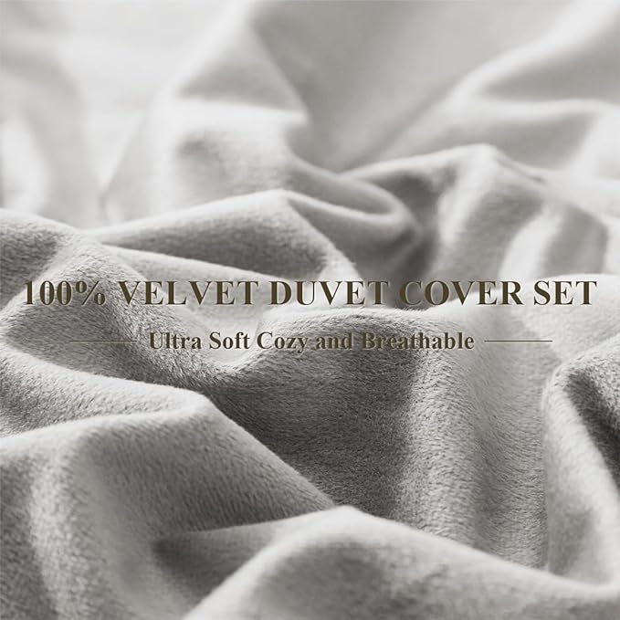 Ivellow Velvet Flannel Duvet Cover King Size Smoky Gray Duvet Cover King Velvet Comforter Cover Set Ultra Soft Breathable Cozy Velour Duvet Cover Solid Luxury Bedding Set Zipper Closure Corner Ties