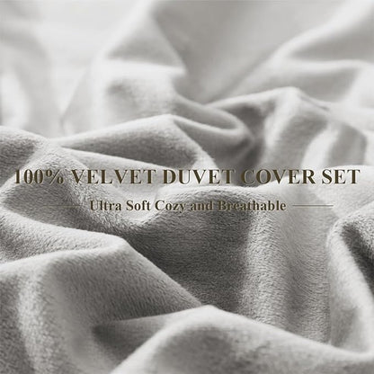 Ivellow Velvet Flannel Duvet Cover King Size Smoky Gray Duvet Cover King Velvet Comforter Cover Set Ultra Soft Breathable Cozy Velour Duvet Cover Solid Luxury Bedding Set Zipper Closure Corner Ties