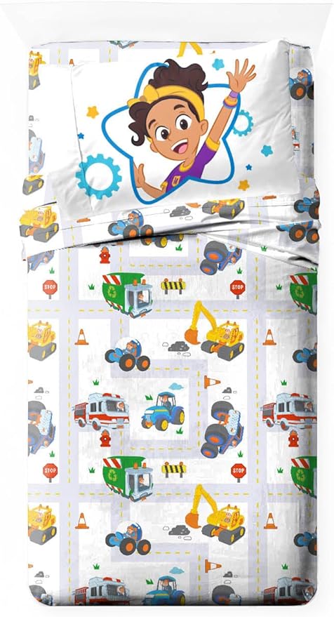 Jay Franco Kids Sheet Cartoon Set with Fitted, Flat Sheets & Pillow Cover - Ultra-Soft Bedding with Pillowcase for Room Decor, White - Blippi, 3 Piece Toddler