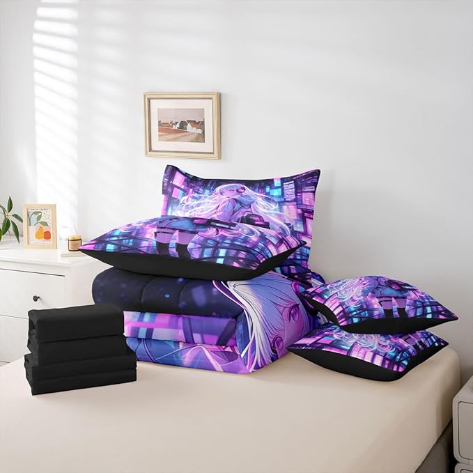Erosebridal Japanese Girl Bed in A Bag Girly Anime Bedding Set for Kids,Sci Fi Style Gaming Twin Comforter Set 7 Piece Room Decor,3D Cartoon Anime Girl Bed Set