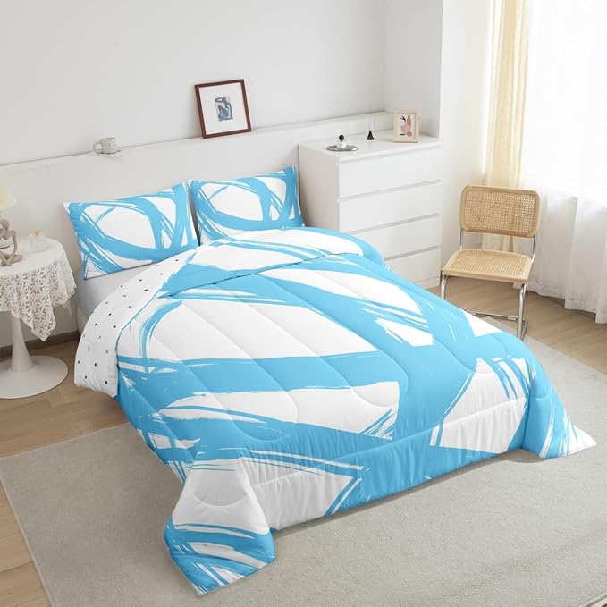 Erosebridal Blue and White Abstarct Queen Comforter Set for Adult Women Men, Geometric Striped Bedding Set for Minimalists,Graffiti Aesthetic Lines Quilt,Contemporary Boho Modern Art Duvet Insert