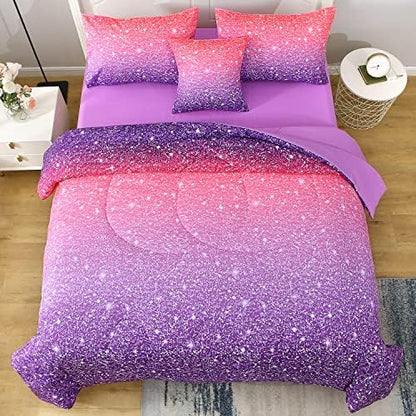 JQinHome Pink Purple Comforter Set Full/Queen Size, 6 Piece Bed in A Bag 3D Colorful Bedding Set for Girls Women (1 Comforter,2 Pillowcases,1 Flat Sheet,1 Fitted Sheet,1 Cushion Cover)