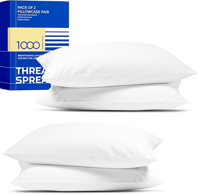 Thread Spread 100% Egyptian Cotton Pillow Cases Queen Size Set of 4 - Luxury 1000 Series Paradise Collection Queen Pillow Cases (Pack of 2, White), Soft Cooling Hotel Egyptian Cotton Pillowcases
