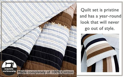 Cozy Line Home Fashions Sailor Navy Blue Star Striped Print Cotton Reversible Bedding Quilt Set (Nathan Stripe, Twin)