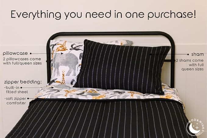 Beddy's Jungle Animal Themed Durable Zipper Bedding for Kids, Bed in a Bag, Black Striped Comforter & Animal Print Sheets, Includes Pillowcase and Pillow Sham, Easy to Make & Wash - Toddler