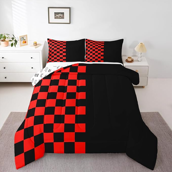 Geometric Lattice Kids Bedding Set King Size,Video Games Check Lattice Comforter Set，Grid Fashion Simple Quilt Comforter,Black Red Bedroom Duvet Insert,2 Pillowcases