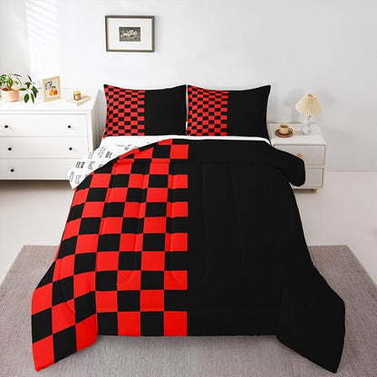 Geometric Lattice Kids Bedding Set King Size,Video Games Check Lattice Comforter Set，Grid Fashion Simple Quilt Comforter,Black Red Bedroom Duvet Insert,2 Pillowcases