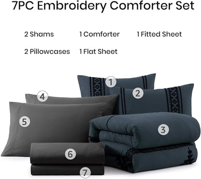 MaiRêve Embroidery Full Size Comforter Set Blue Grey, Farmhouse Western Boho Bedding Set 7 Pieces, All Season Bed in A Bag Comforter Set with Sheets, Pillowcases & Shams