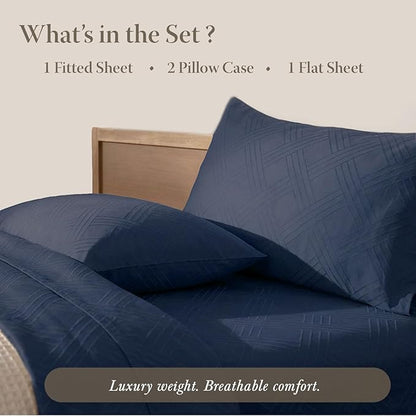 Threadmill California King Size Sheets | 800 Thread Count Jacquard Folkstone Blue | 4 Piece Striped Bed Sheets | Extra Long Staple Cotton Sheets | Luxury Damask Sheet with Elasticized Deep Pocket