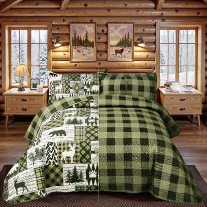 3 Piece Cabin King Size Quilt Sets Farmhouse Rustic Reversible Microfiber Soft Lightweight Bedspread Comforter with 2 Shams Patchwork Country Lodge Bedding Quilts Set for All Season, 106''x96'', Green