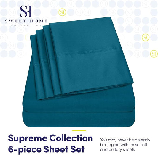 Queen Sheets Teal - 6 Piece 1500 Supreme Collection Fine Brushed Microfiber Deep Pocket Queen Sheet Set Bedding - 2 Extra Pillow Cases, Great Value, Queen, Teal