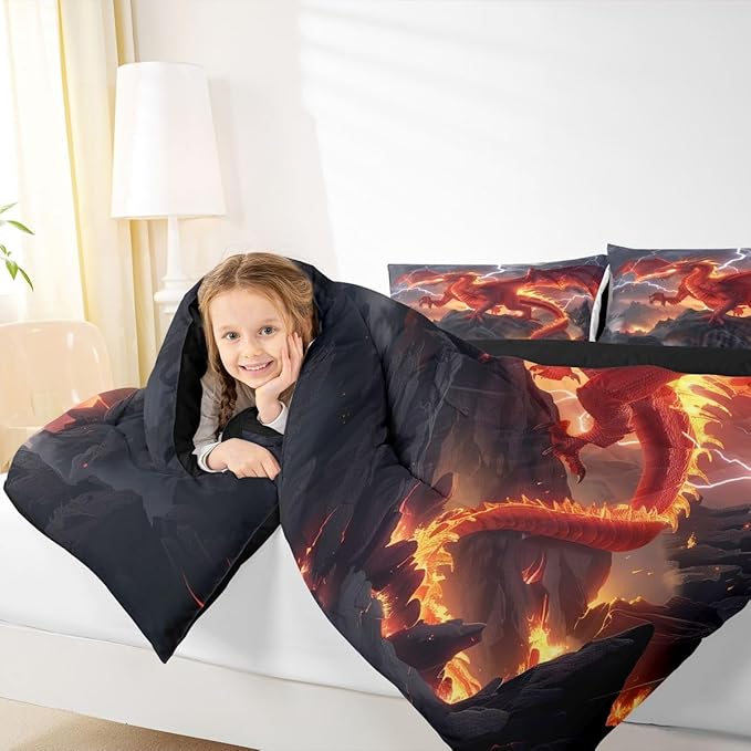 Castle Fairy Dragon Kids Comforter Set,Red Flame Bedding Set All Season,Cool Wild Animals Comforter 2 Pcs with 1 Pillowcase,Toddler Size
